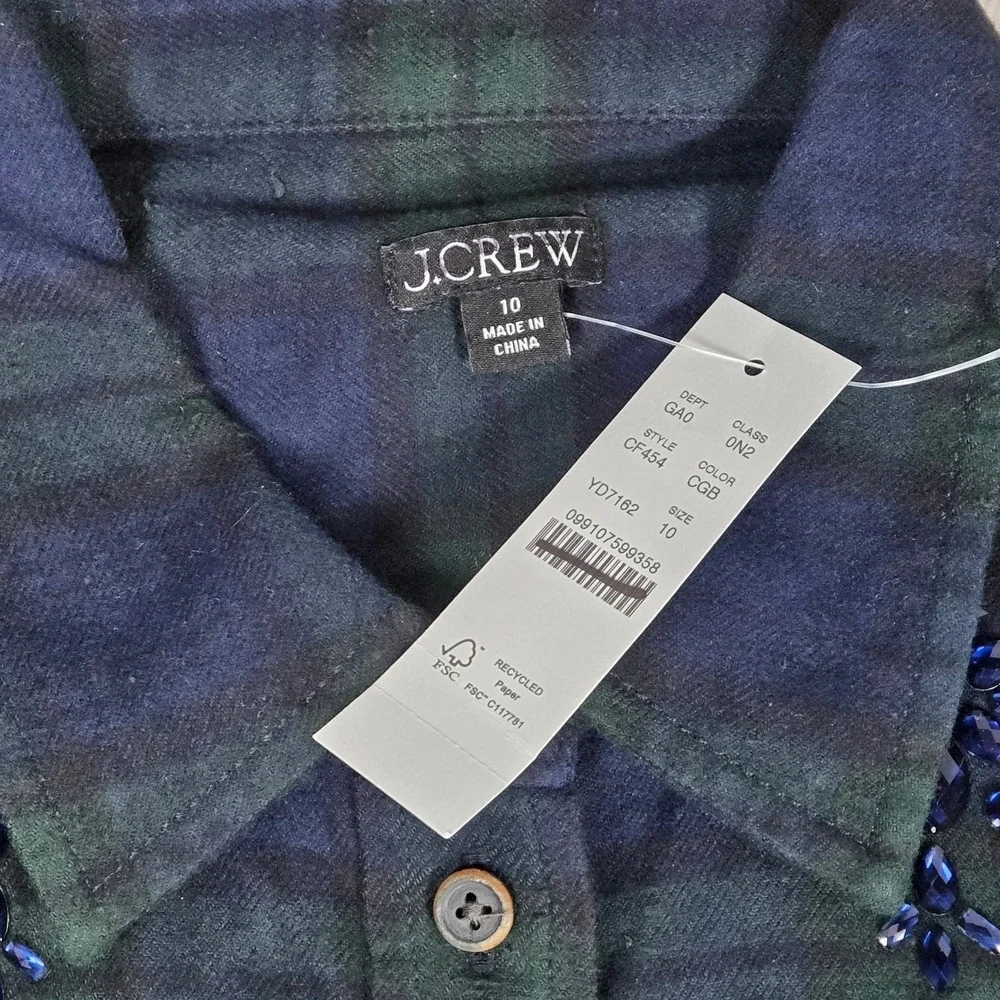 J Crew Womens Plaid Flannel Shirt Blue Green Beaded Embellished Button‎ Down 10